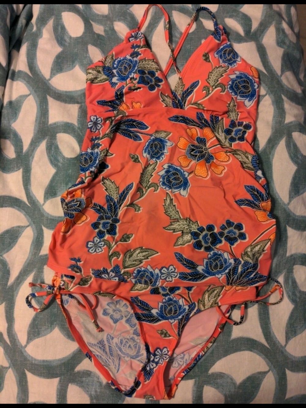 Motherhood Beach Bump Maternity Coral Swimsuit with Blue Floral Accents